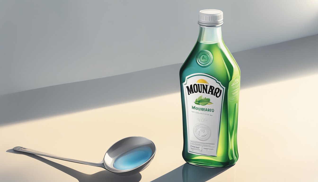 A bottle of Mounjaro sits on a clean, white surface with a measuring spoon next to it. Sunlight streams in, casting a warm glow on the bottle