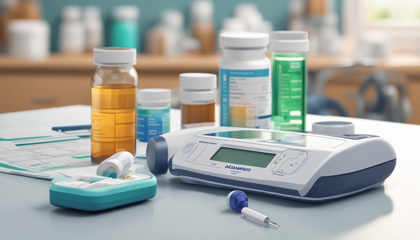 A bottle of Mounjaro medication sits next to a blood sugar monitoring device on a table, with a medical chart in the background