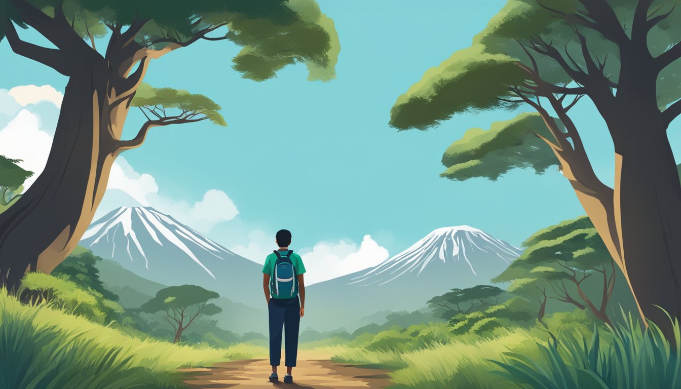 A person with medical conditions stands at the base of Mount Kilimanjaro, surrounded by lush greenery and a clear sky. The person appears tired but determined, with a visible focus on managing fatigue and boosting vitality