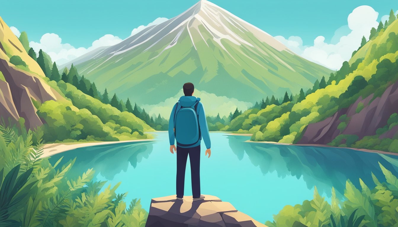 A person standing at the base of a mountain, surrounded by lush greenery and a clear blue sky. The mountain looms in the distance, representing the challenge of finding balance while taking medication