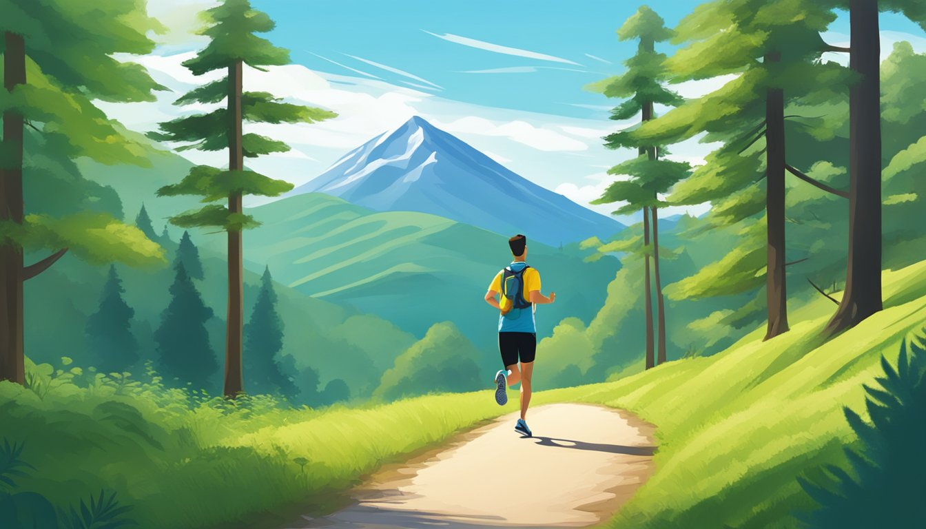 A person jogging on a forest trail with a mountain in the background, surrounded by lush greenery and clear blue skies