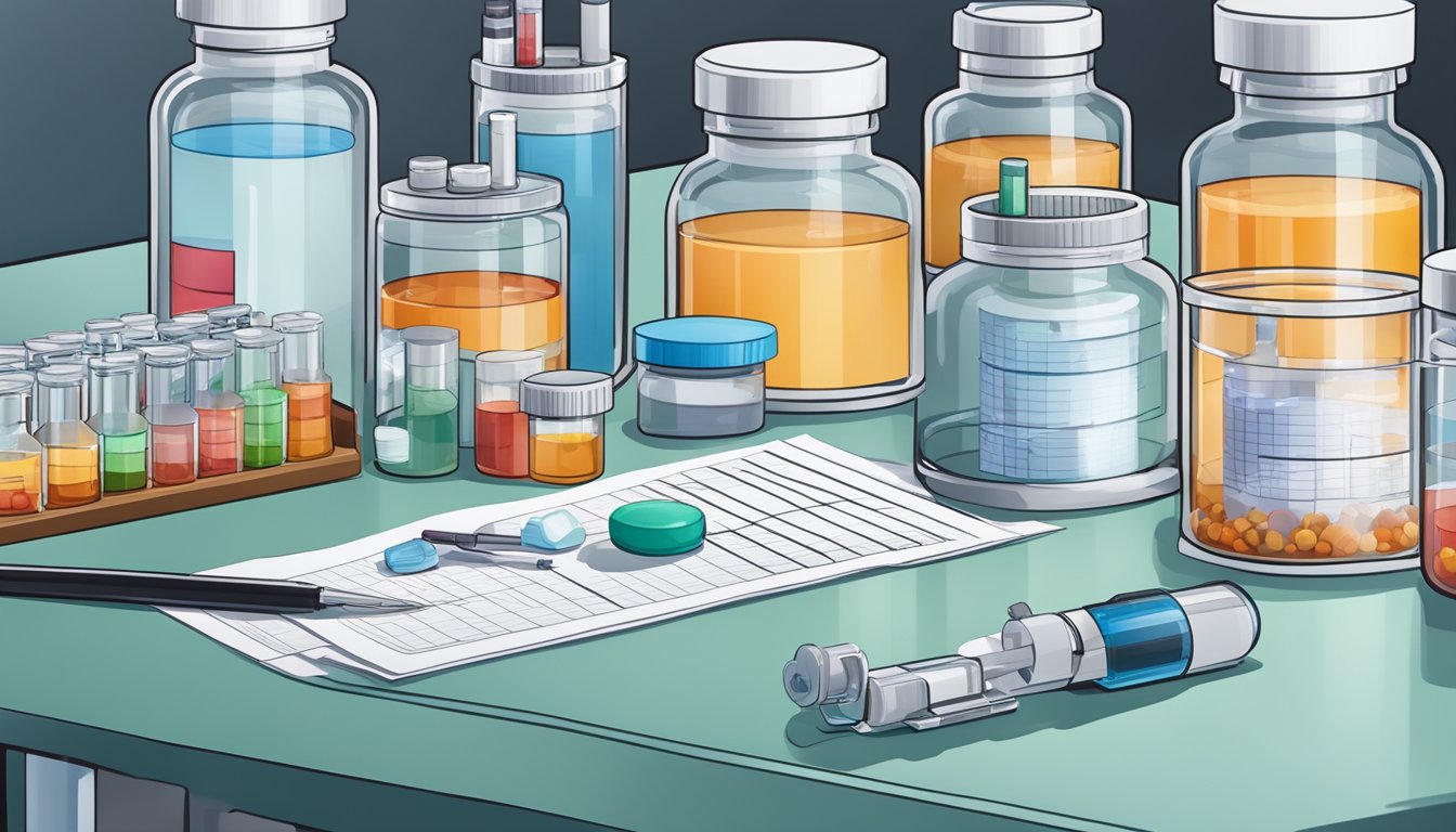 A lab setting with vials of medication, blood sugar monitoring equipment, and FDA approval documents displayed on a table