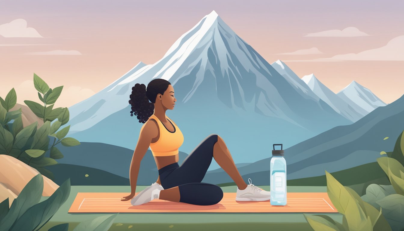 A person exercising outdoors with a mountain in the background, surrounded by yoga mats, herbal supplements, and a water bottle