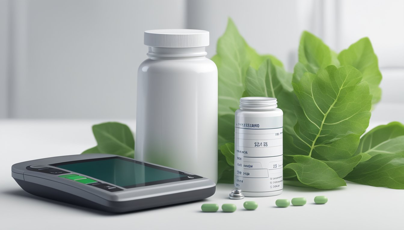 A pill bottle and a blood sugar monitor on a clean, white surface. A leafy green plant in the background