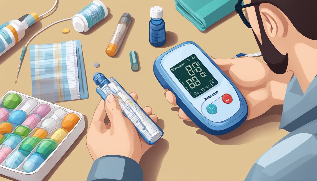 A person taking medication while monitoring their blood sugar levels with a glucometer and a bottle of medication labeled "Mounjaro."