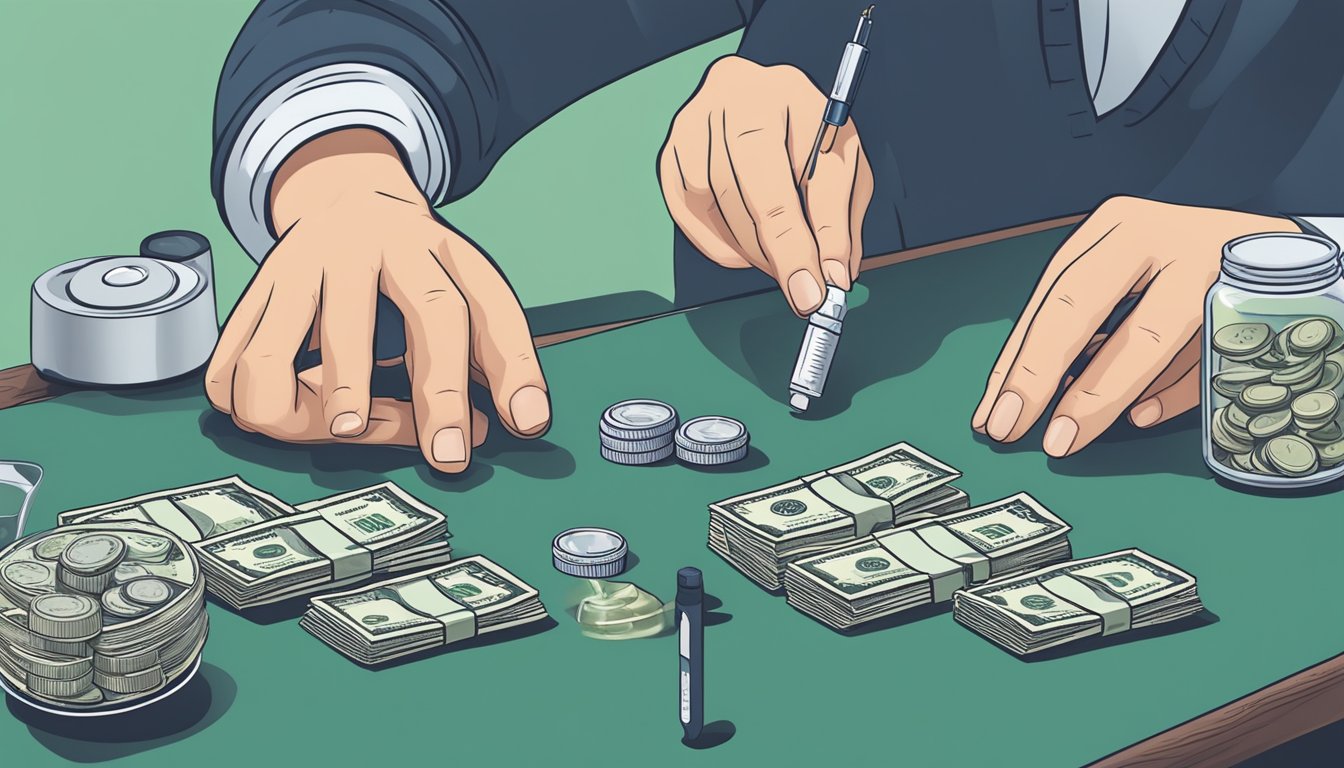 A person counting money while holding a vial of medication and a blood sugar monitor on a table