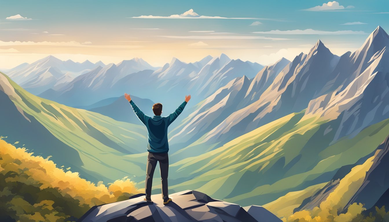 A person standing at the summit of a mountain, arms raised in triumph, surrounded by a breathtaking landscape of peaks and valleys