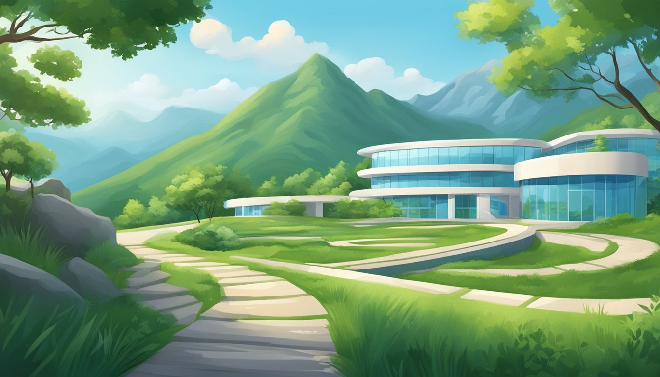 A serene mountain landscape with a winding path leading to a modern pharmacy, surrounded by lush greenery and a clear blue sky