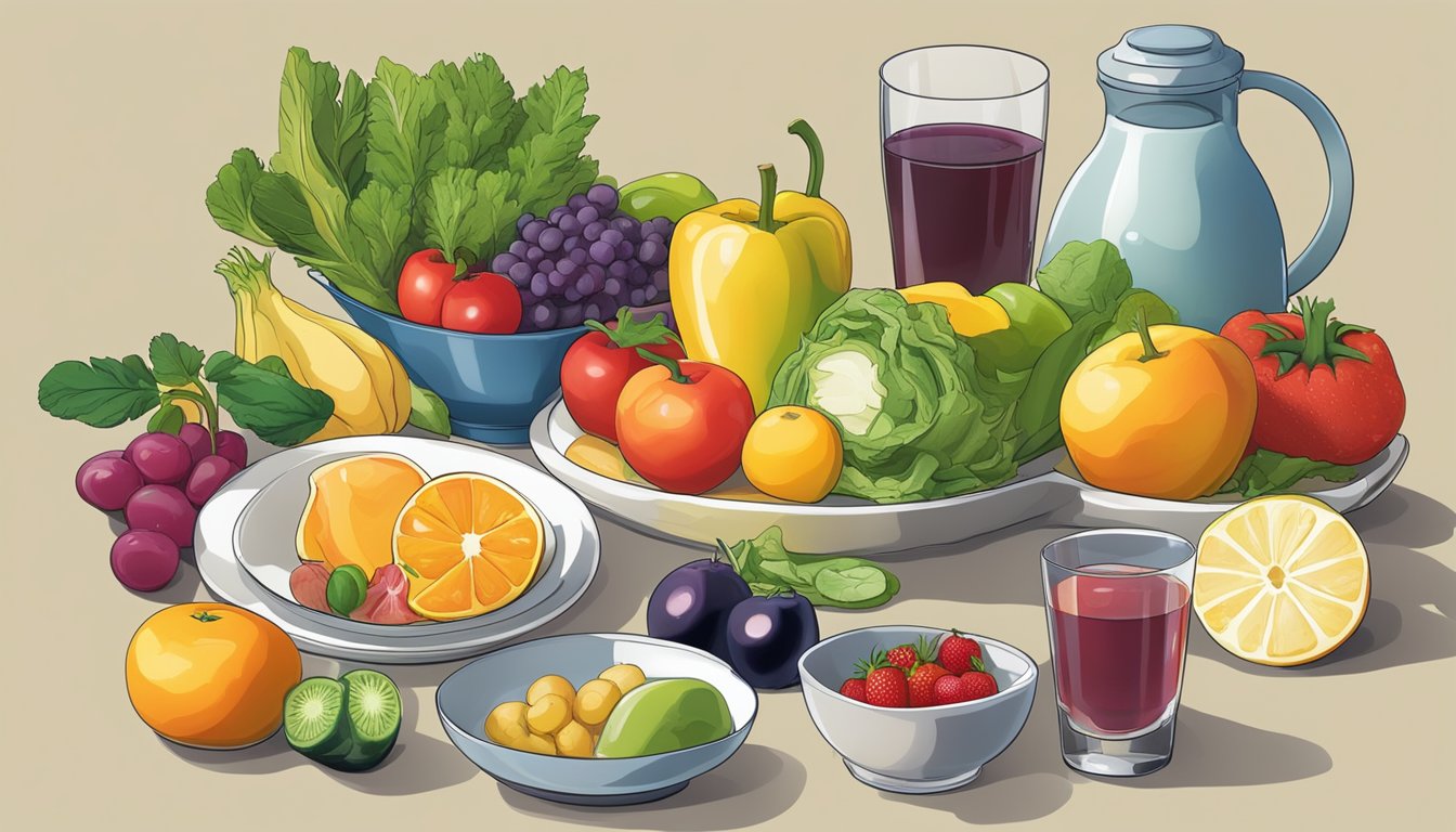 A colorful array of fresh fruits and vegetables arranged on a table, with a balanced meal and a glass of water nearby