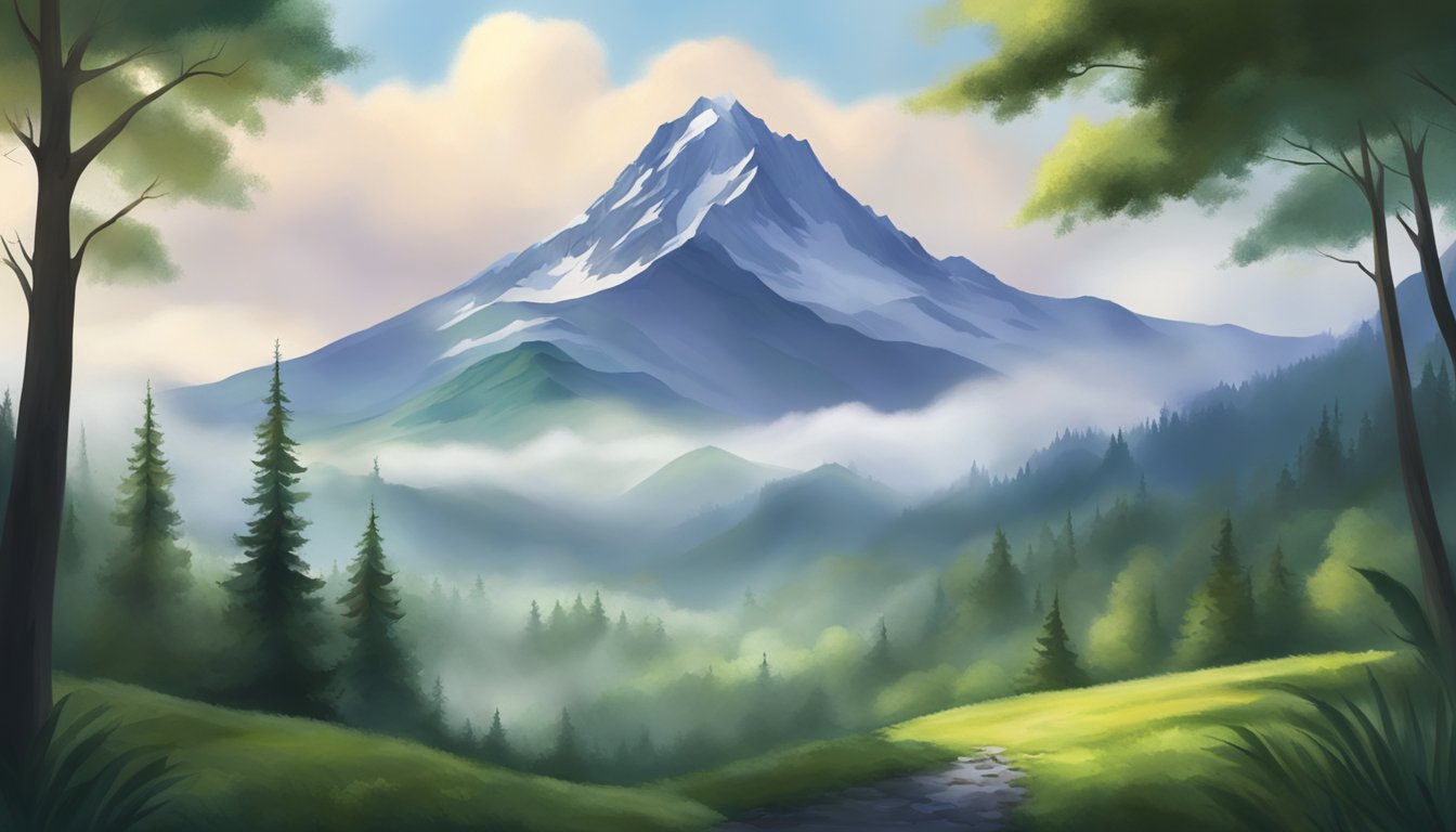 A towering mountain looms in the distance, shrouded in mist and surrounded by lush greenery. The peak is snow-capped, and the landscape is serene yet foreboding