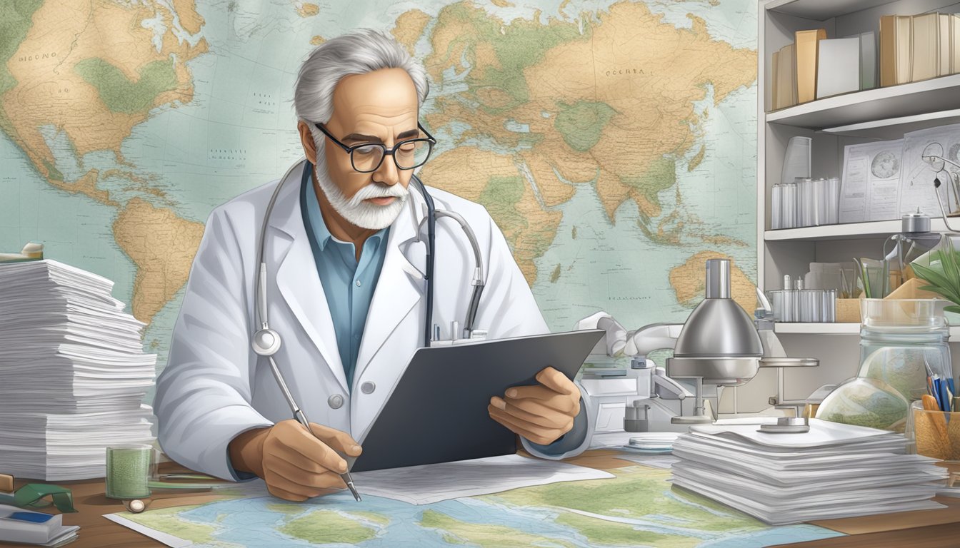 A scientist studies a map of Mounjaro, surrounded by research papers and medical equipment