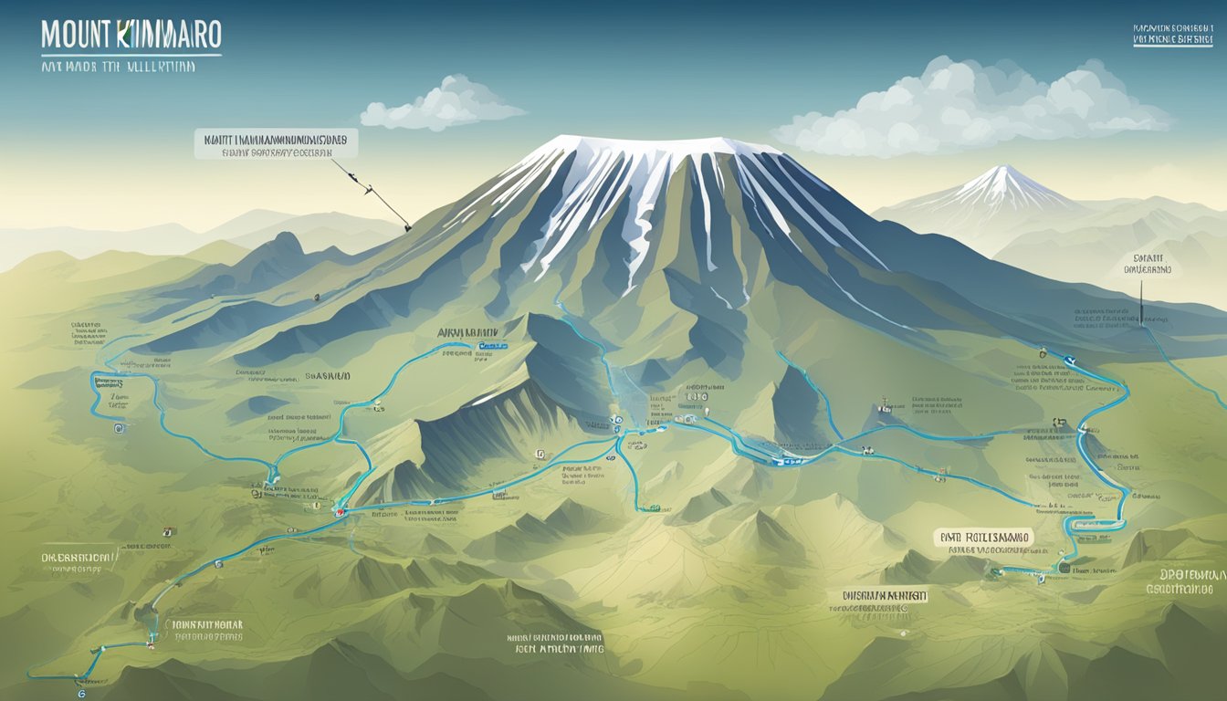 A map of Mount Kilimanjaro with a trail marked by progress markers and a scale showing elevation gain