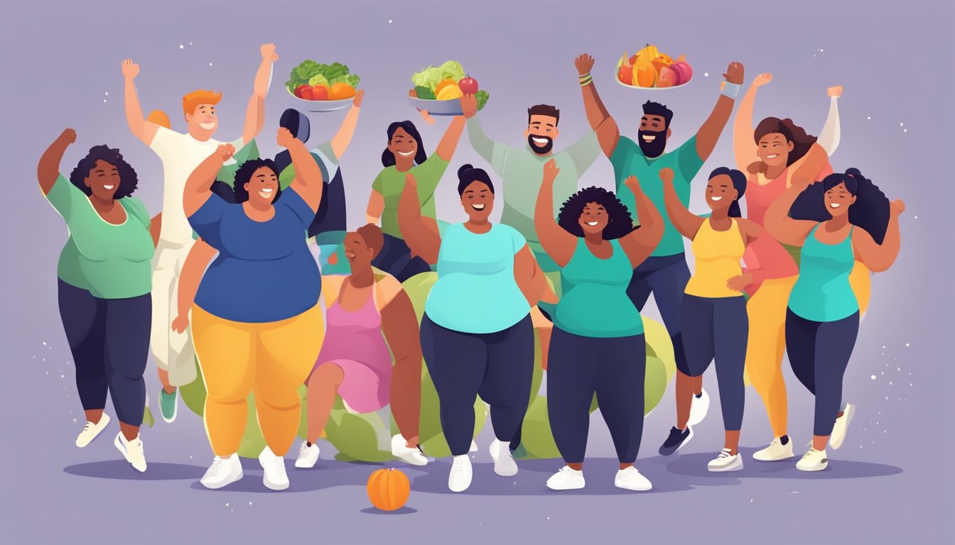 A group of diverse individuals celebrating their weight loss success, with smiles and high fives, surrounded by healthy food and exercise equipment