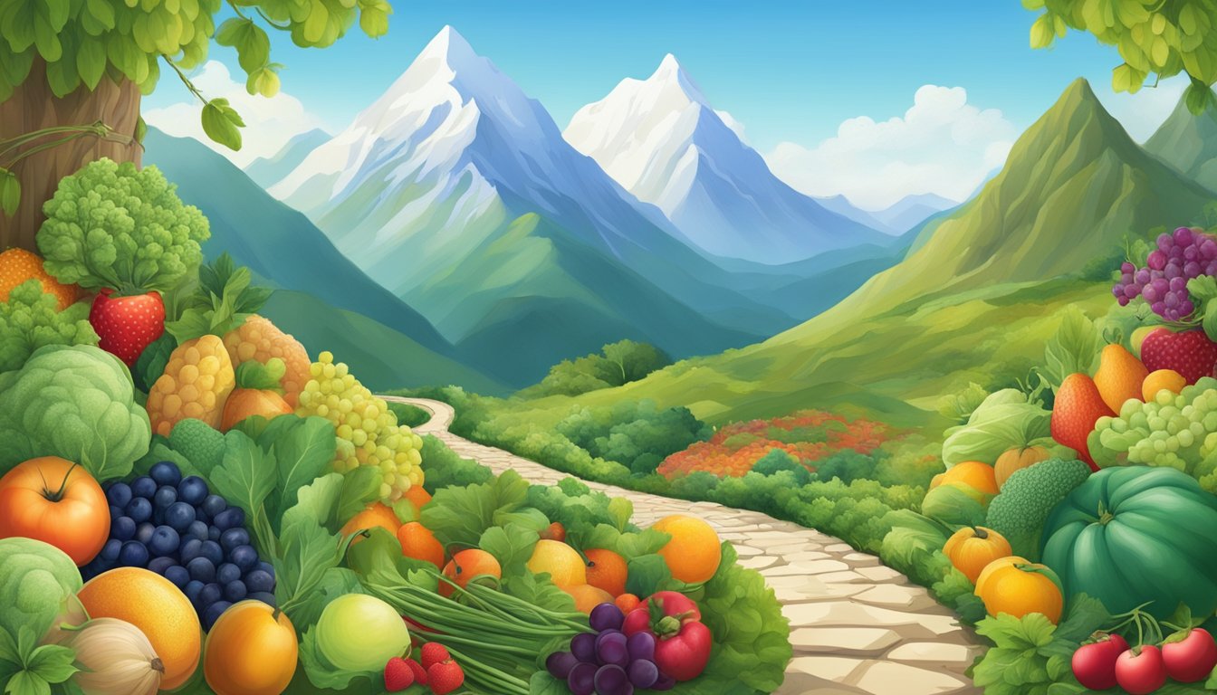 A lush mountain landscape with a clear, winding path leading to a summit. A variety of colorful fruits and vegetables are scattered along the path, with a scale and chart at the peak