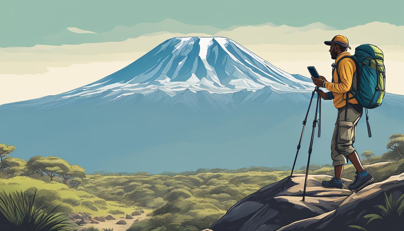 A hiker navigates rugged terrain, using a GPS device to track progress. The majestic peak of Mount Kilimanjaro looms in the background