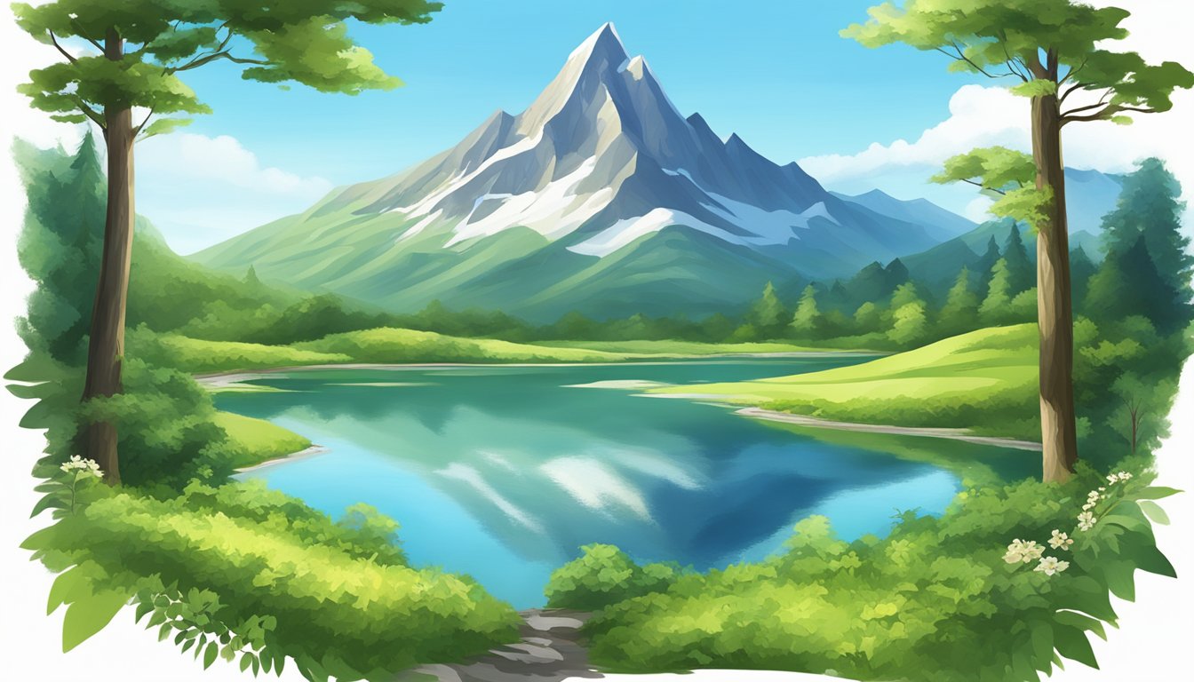 A serene mountain landscape with a towering peak, surrounded by lush greenery and a clear blue sky