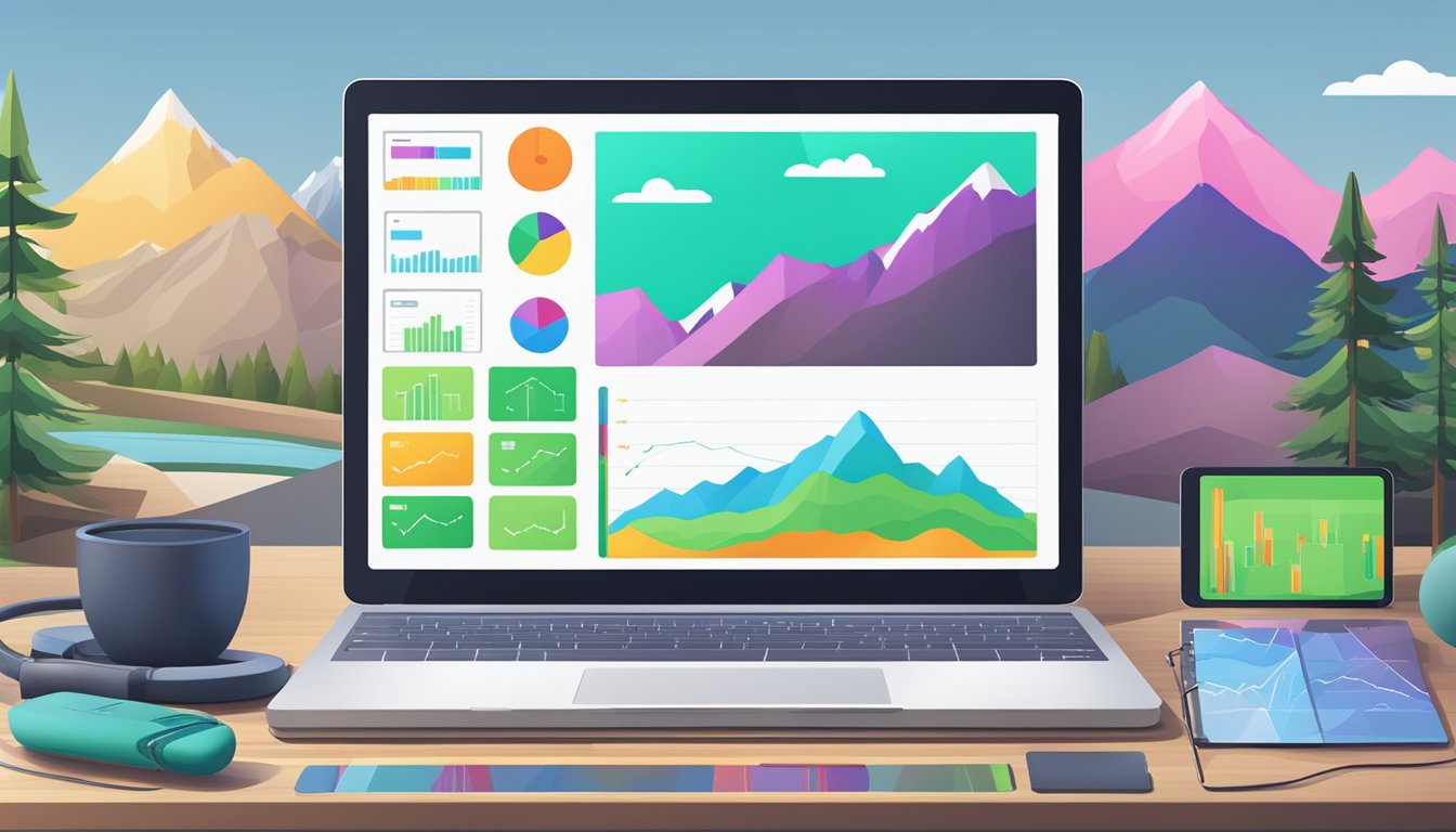 A laptop surrounded by fitness trackers and graphs, with a mountain landscape in the background