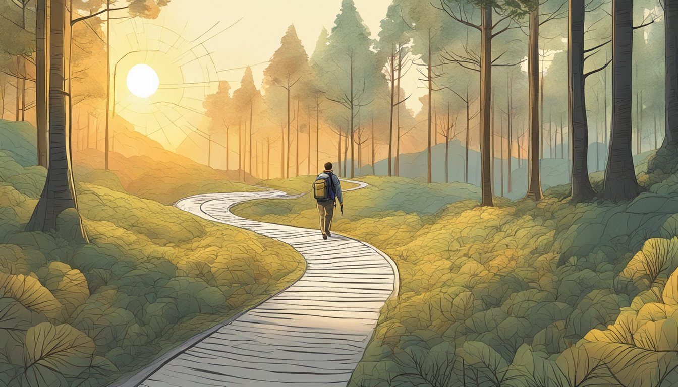 A person navigating a winding path through a forest, with a bright sunrise in the distance and a map in hand