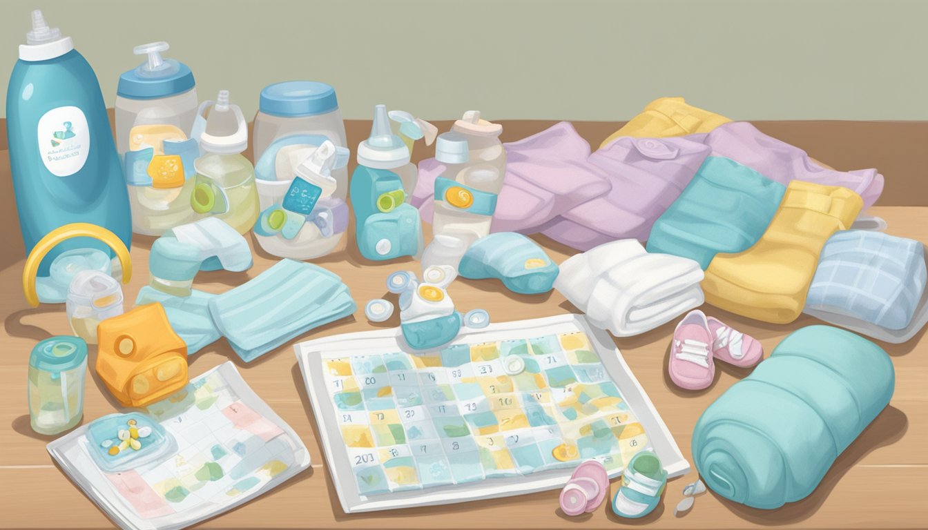 A pile of baby essentials: diapers, bottles, pacifiers, and onesies scattered on a changing table, with a calendar marking the first month of Zepbound