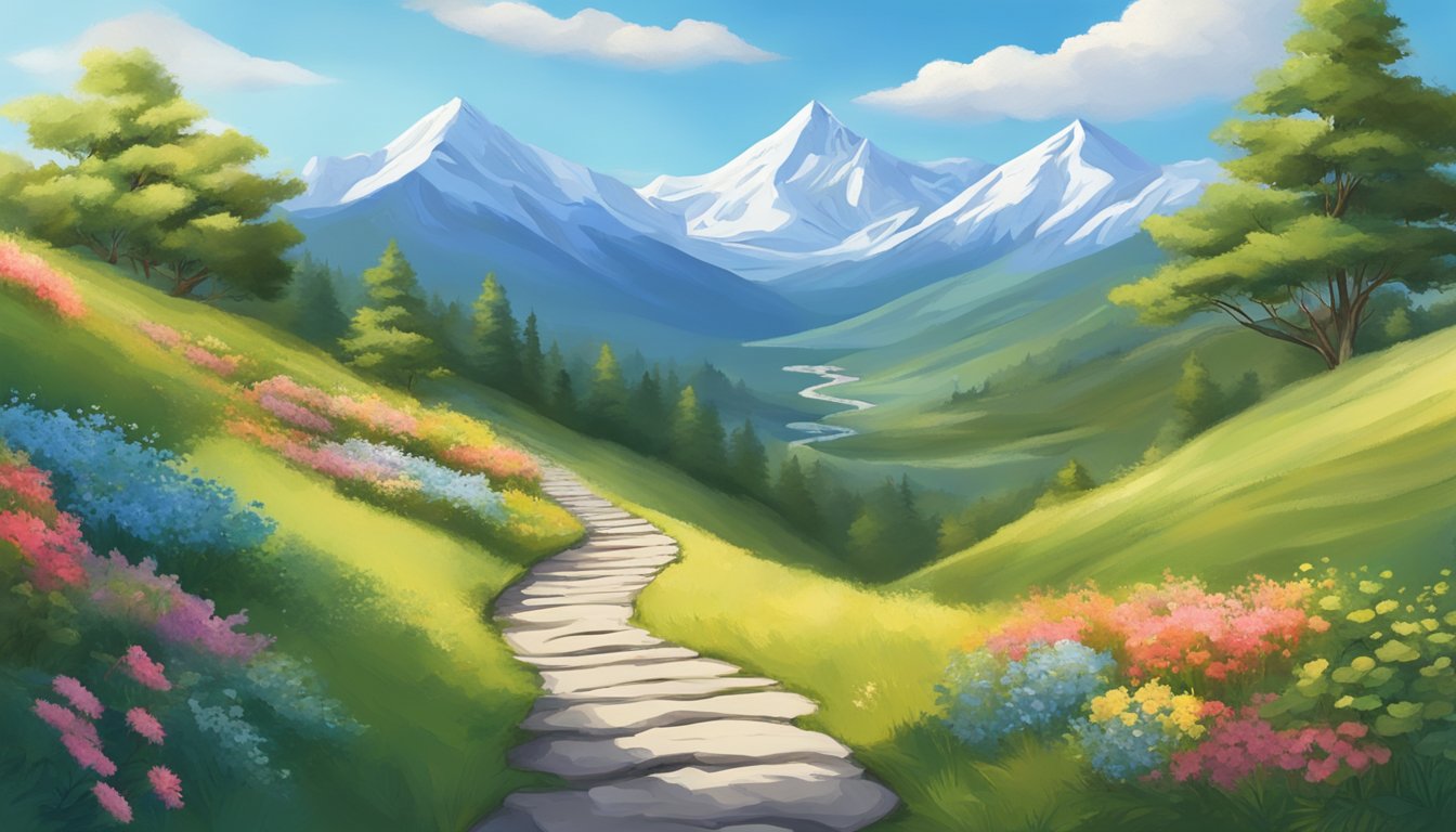 A serene mountain landscape with a winding path leading to the summit, surrounded by vibrant flora and clear blue skies