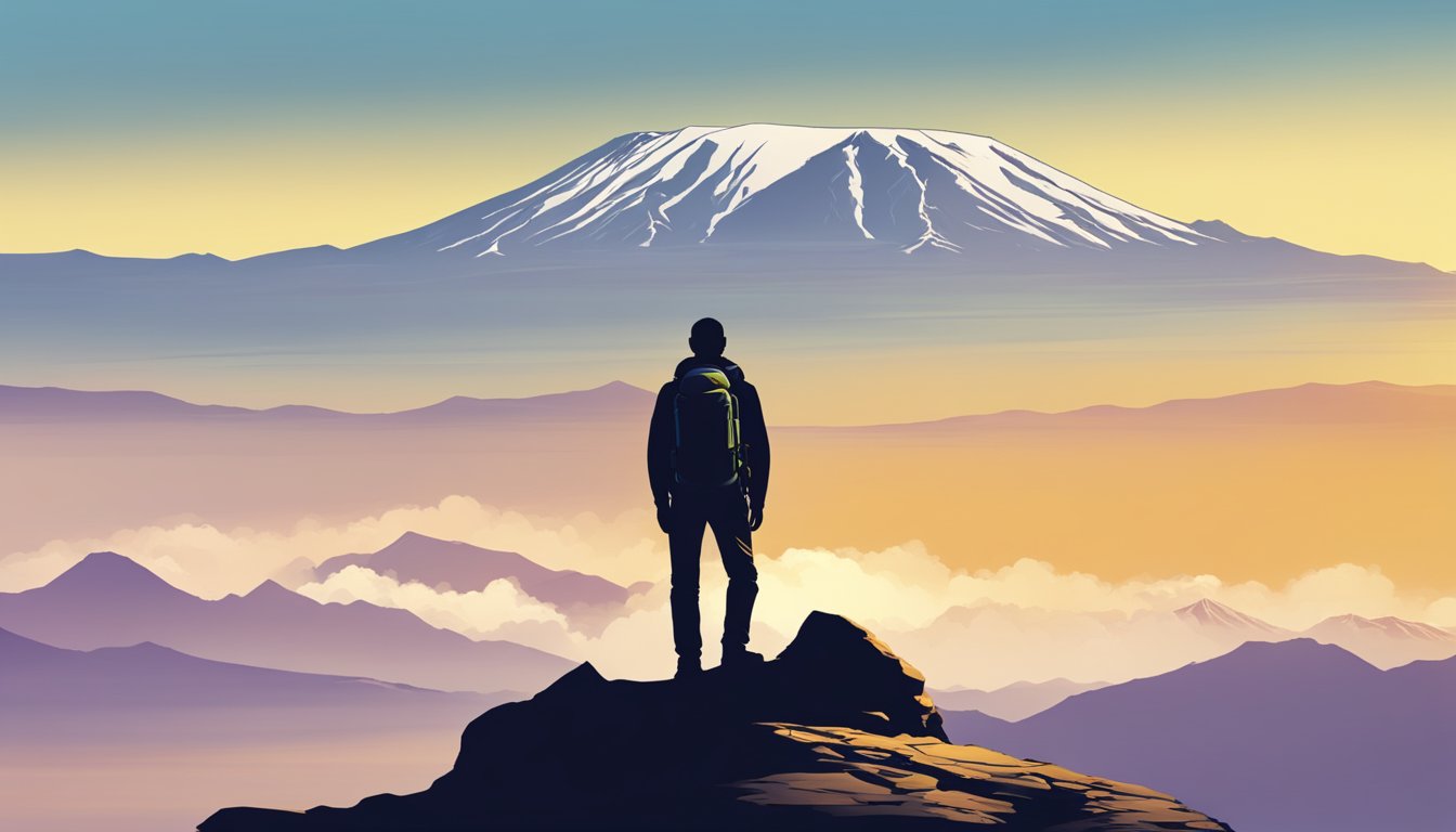 A silhouette standing at the summit of Mount Kilimanjaro, gazing out at the vast landscape below, symbolizing the journey of embracing changes inside and out