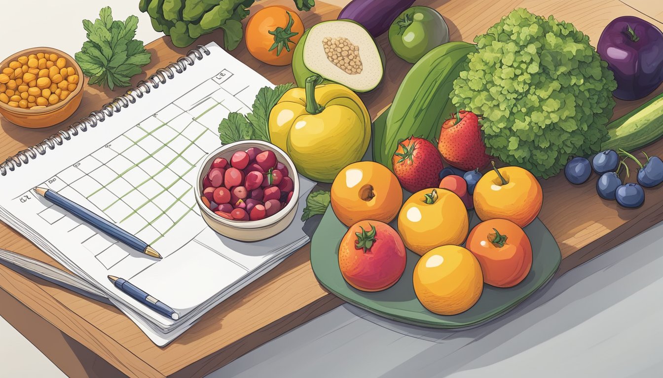 A colorful array of fresh fruits, vegetables, grains, and lean proteins arranged on a kitchen counter, with a calendar and notebook nearby