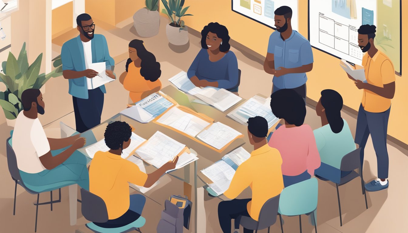 A group of diverse individuals gather in a welcoming space, sharing experiences and resources. A calendar on the wall marks important dates. Tables are filled with informational pamphlets and supportive materials