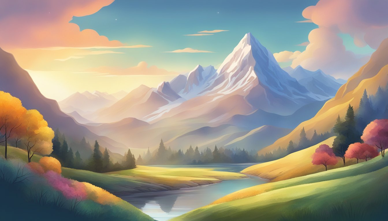 A serene mountain landscape with a figure in the distance, surrounded by nature and embracing inner and outer changes