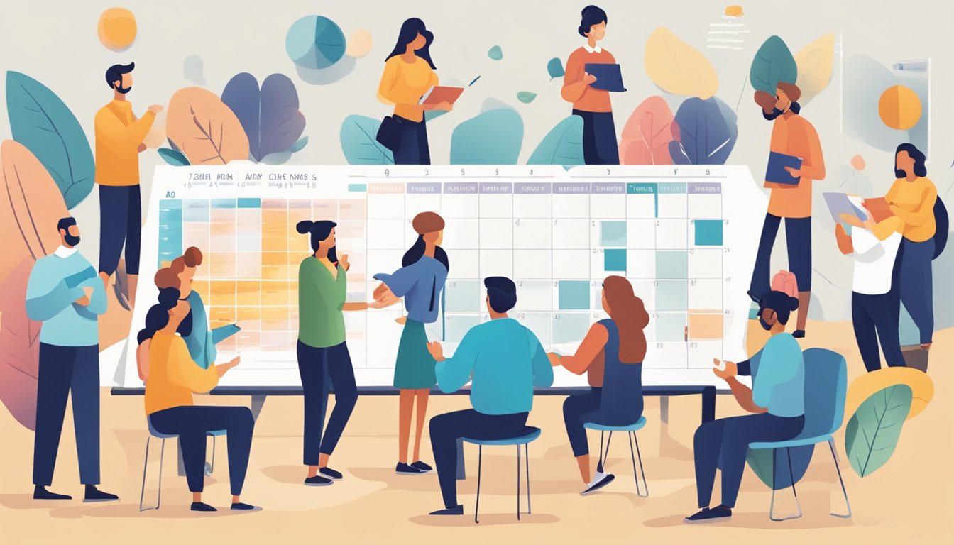 A group of people gather around a large calendar, marking important dates and milestones for the first month of starting Zepbound. Charts and graphs are spread out on the table, showing long-term planning and goal setting