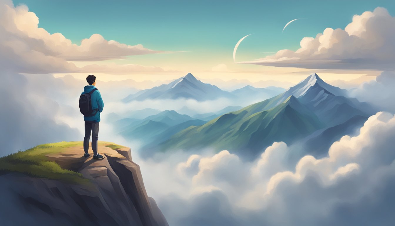 A person standing on a mountain peak, surrounded by clouds, gazing out at the horizon with a sense of peace and acceptance