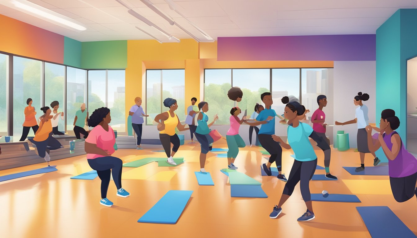 A group of diverse individuals engage in various activities, including exercising, socializing, and learning, within the vibrant and dynamic environment of the Zepbound facility