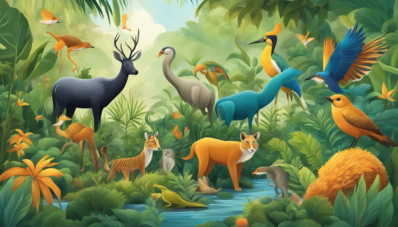 A diverse group of plants and animals thrive in a lush, vibrant ecosystem, symbolizing growth and acceptance of change