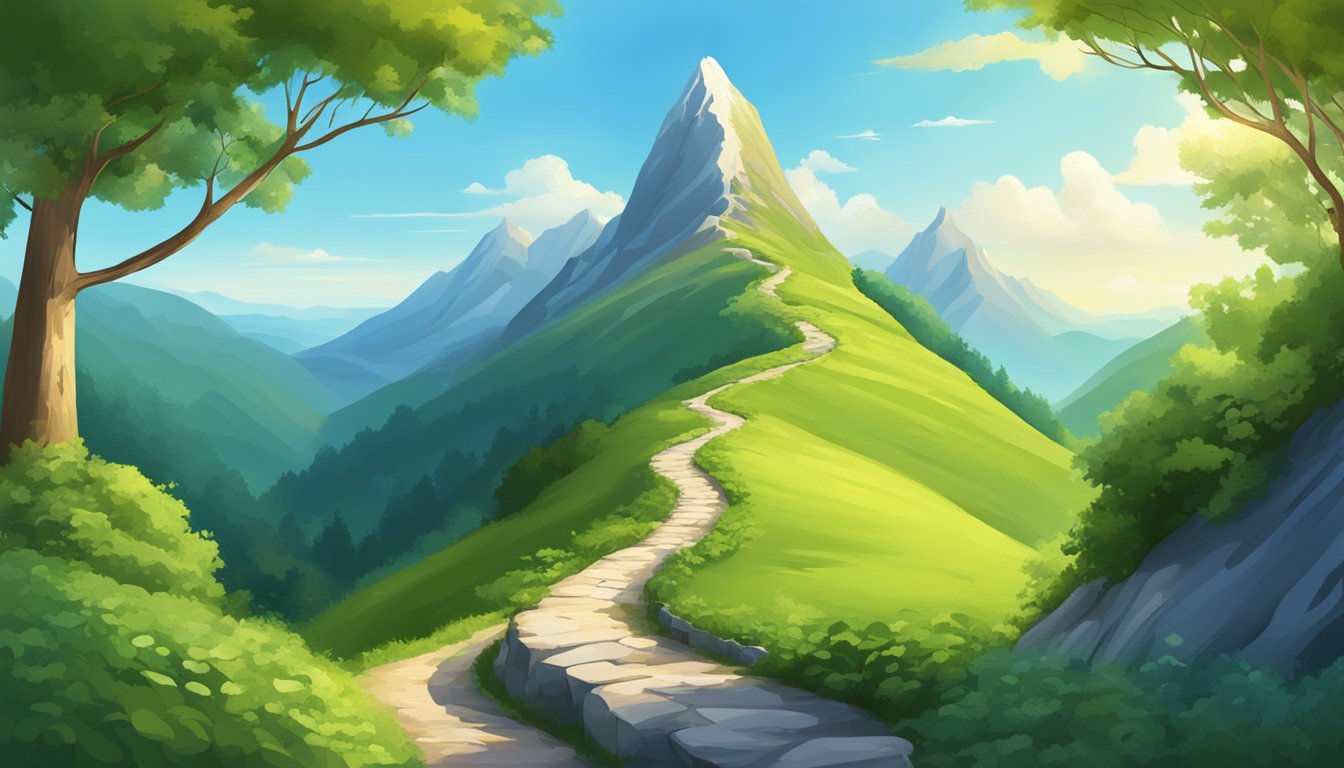 A mountain peak with a winding path leading to the top, surrounded by lush greenery and a clear blue sky