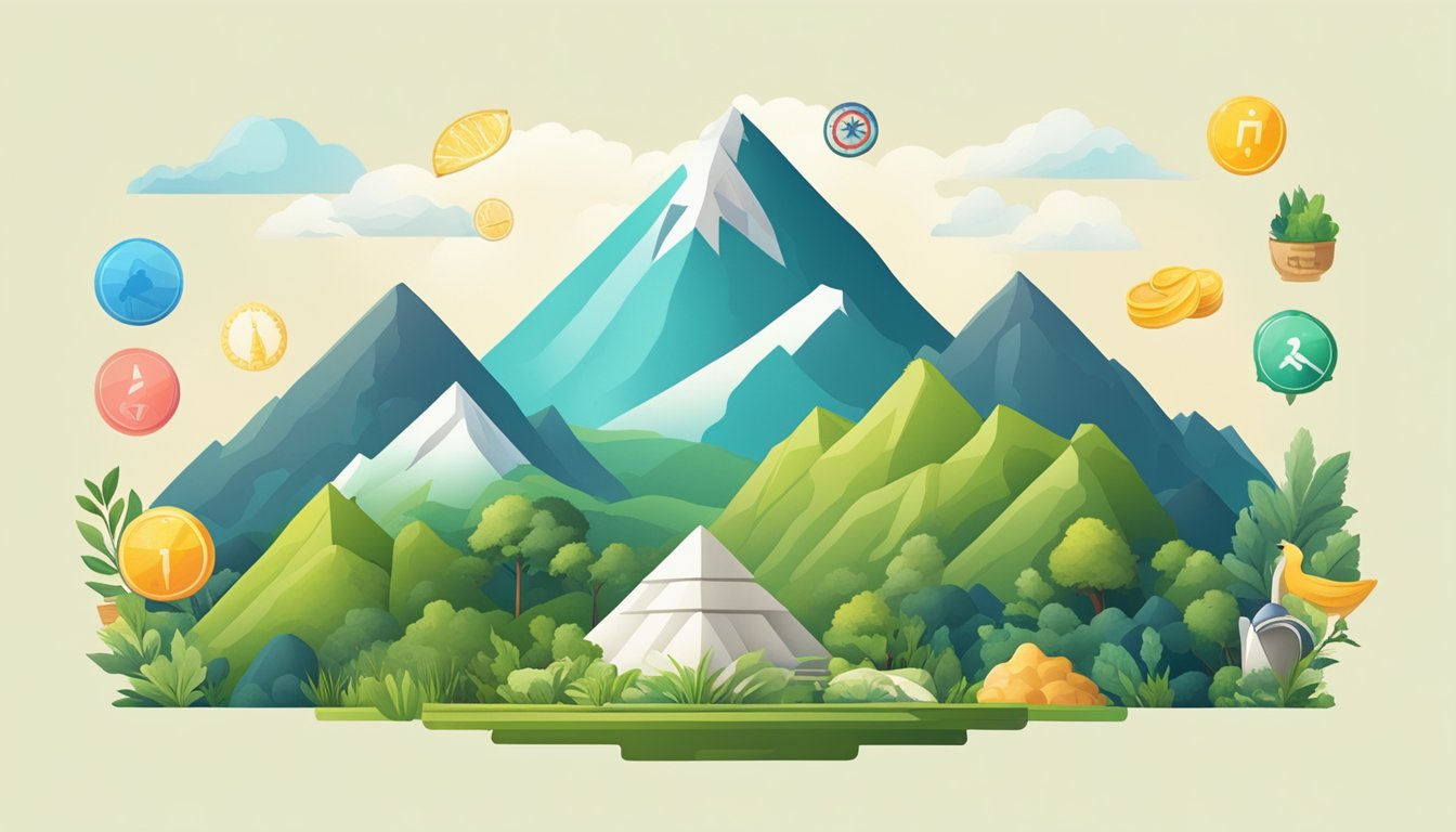 A mountain towering over a lush landscape with traditional diet and exercise symbols on one side and modern symbols on the other