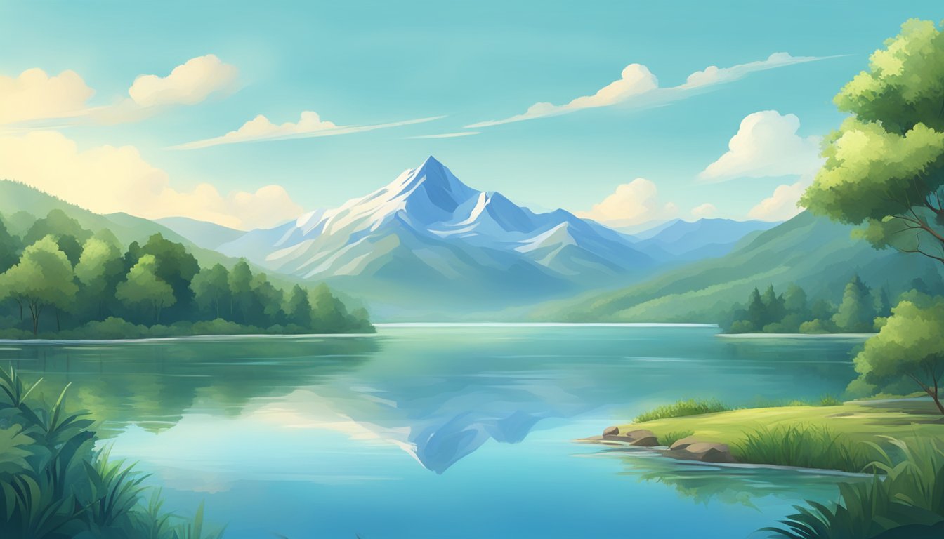 A serene mountain landscape with a clear blue sky, surrounded by lush greenery, and a calm body of water reflecting the natural beauty