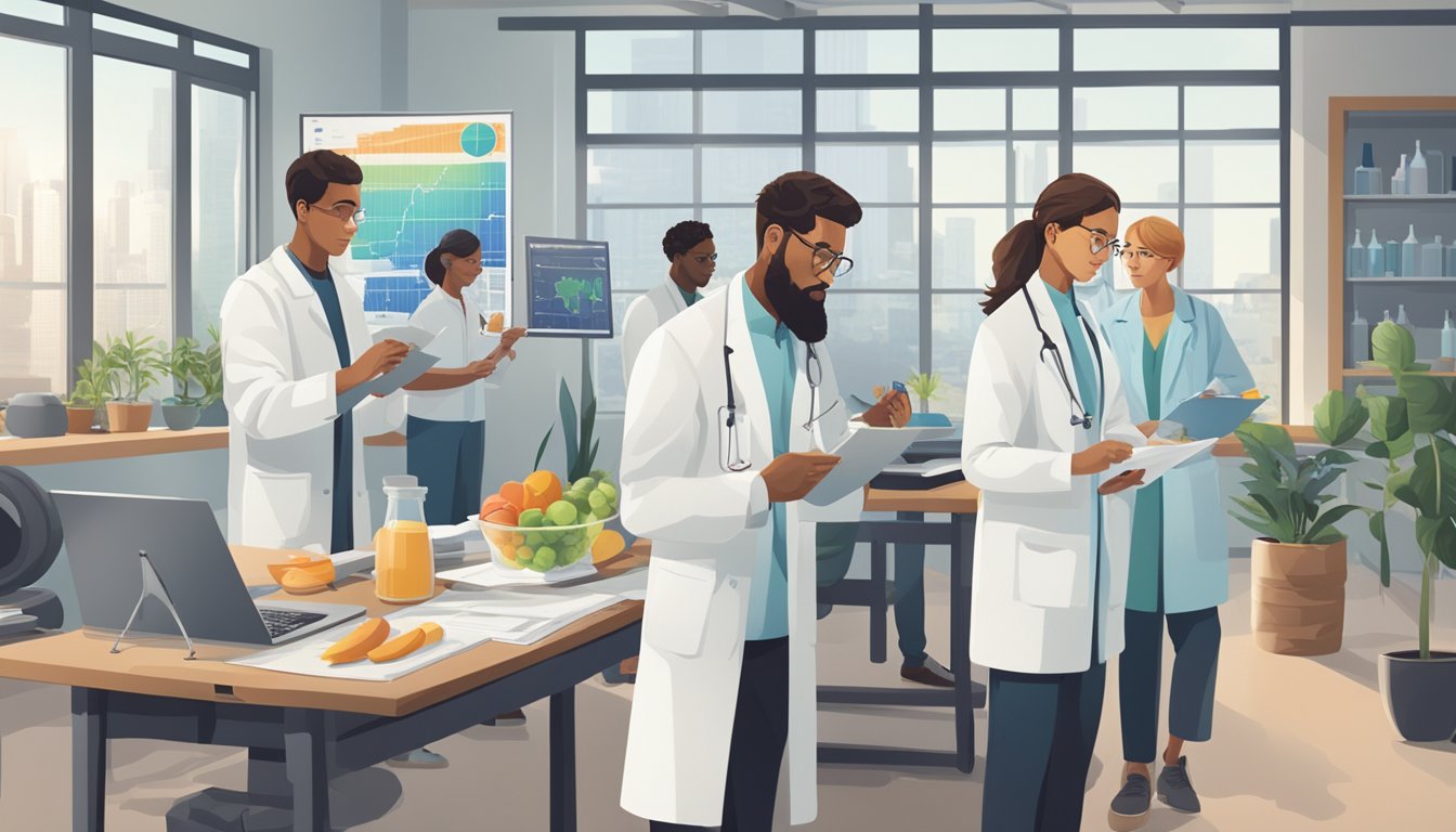 A group of scientists in lab coats examining data charts and graphs, while another group is seen outdoors engaged in traditional diet and exercise activities