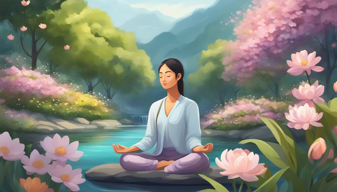 A person meditating in a peaceful garden, surrounded by blooming flowers and flowing water, with a serene expression on their face