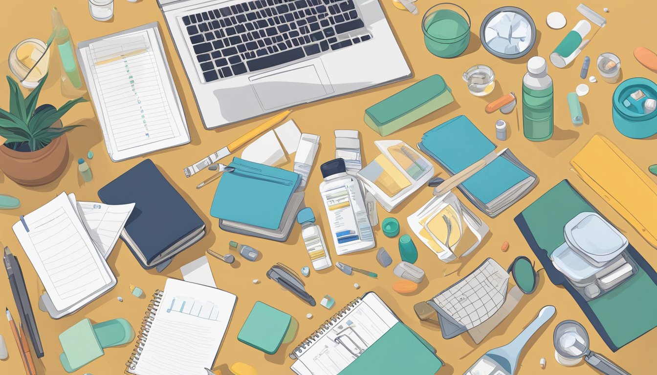 A person sitting at a desk surrounded by various medications and supplements, with a notebook open and filled with personal strategies for managing side effects