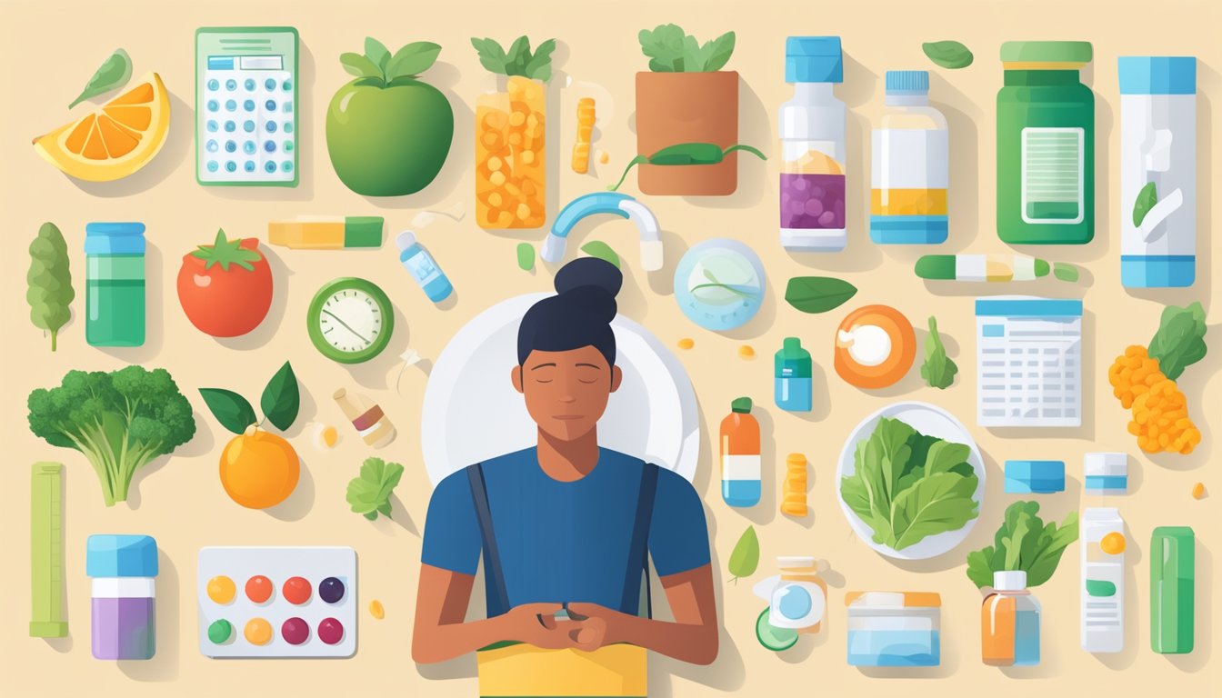 A person managing side effects with various strategies, surrounded by medication, exercise equipment, and healthy food options