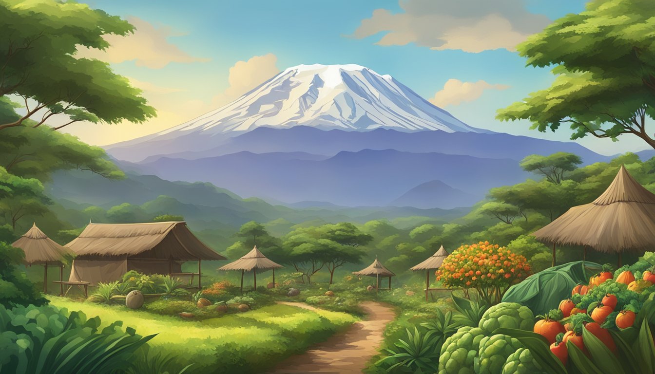 A mountainous landscape with a towering Mount Kilimanjaro in the background, surrounded by lush greenery and traditional diet and exercise elements such as fruits, vegetables, and people engaging in physical activities