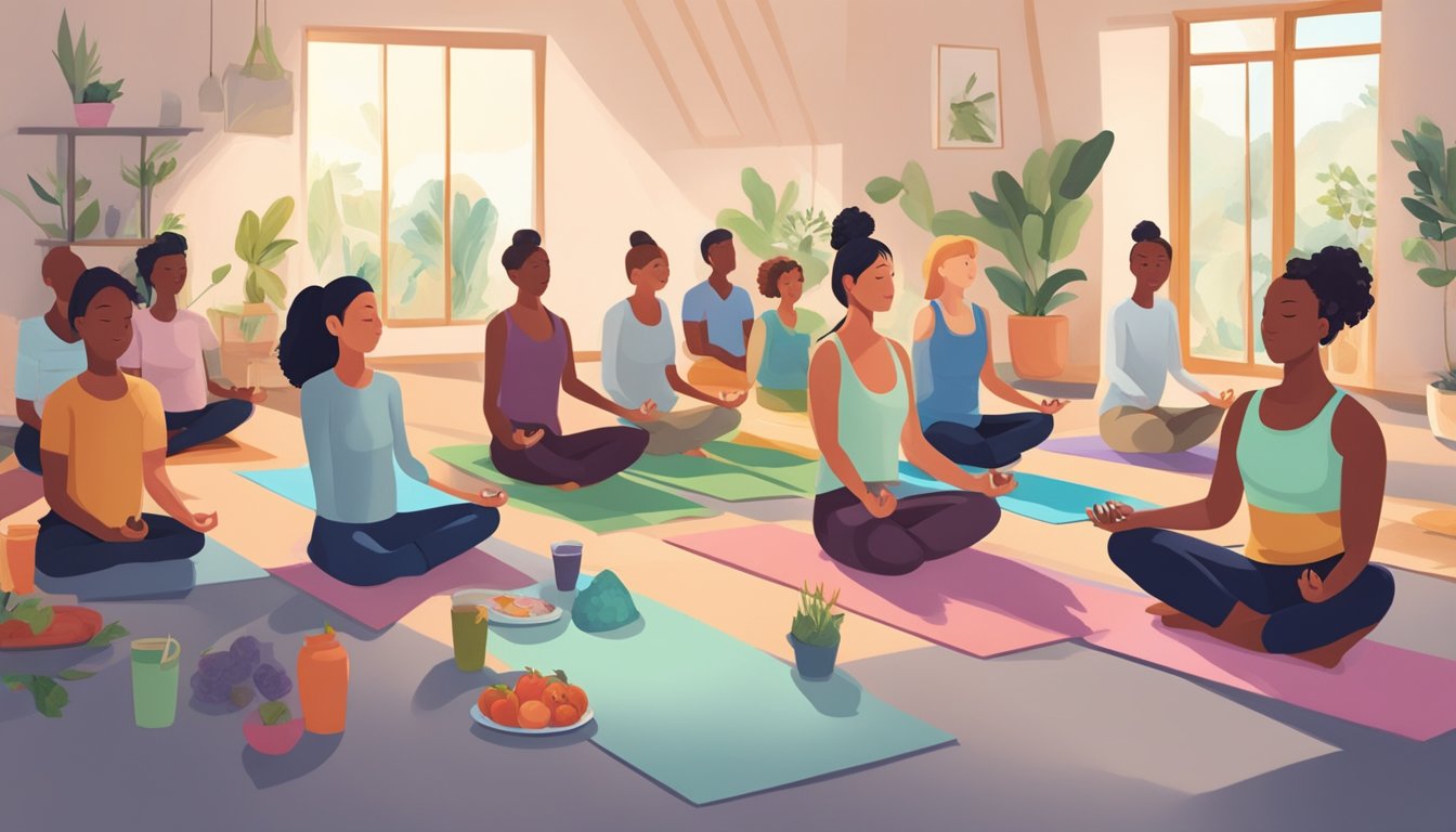 A person engaging in yoga, meditation, and healthy eating while surrounded by supportive friends and family