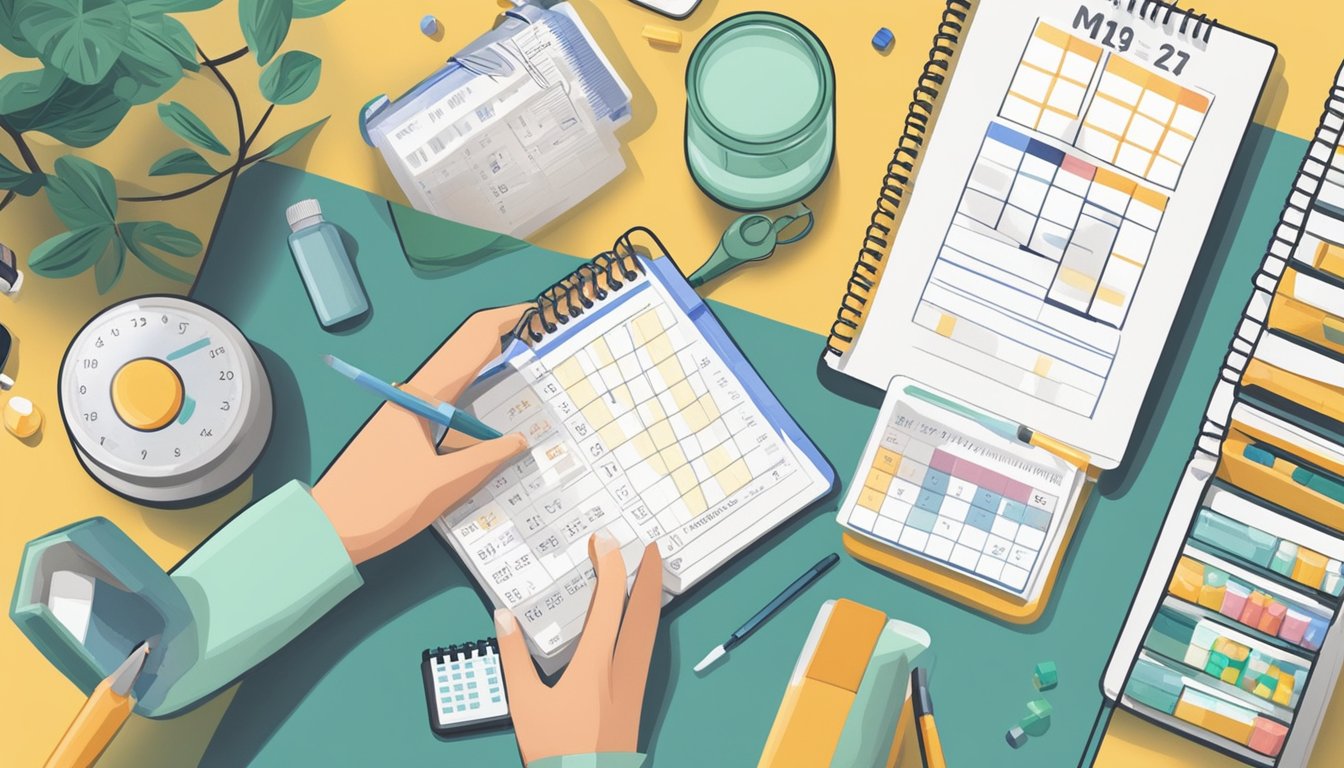 A person organizing medication bottles and a calendar, with a notebook for tracking side effects and strategies