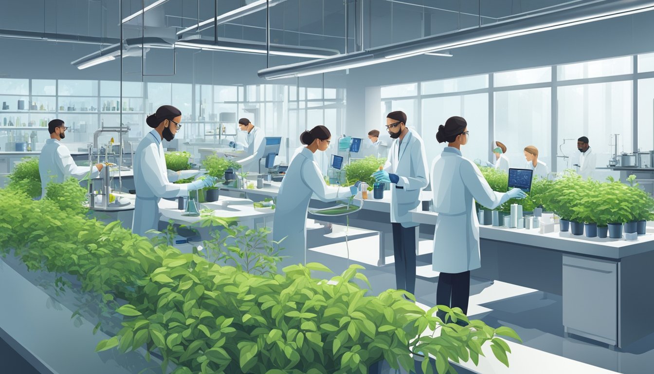 A group of scientists conducting experiments on Mounjaro plants in a modern laboratory setting, surrounded by various research equipment and technology