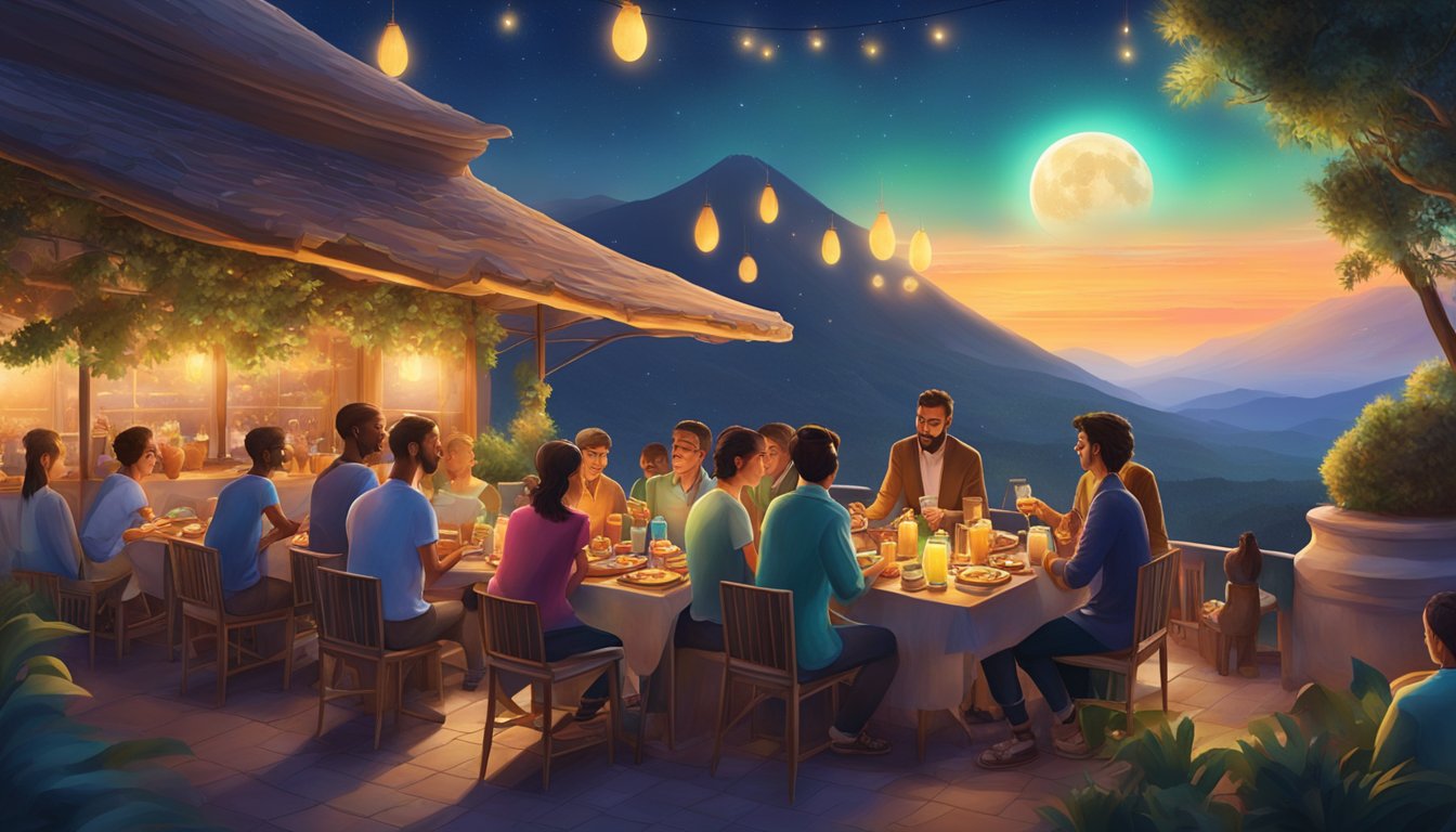 A group of Tirzepatides socialize at a bustling outdoor restaurant on Mounjaro, enjoying a variety of colorful dishes under the glow of the planet's three moons