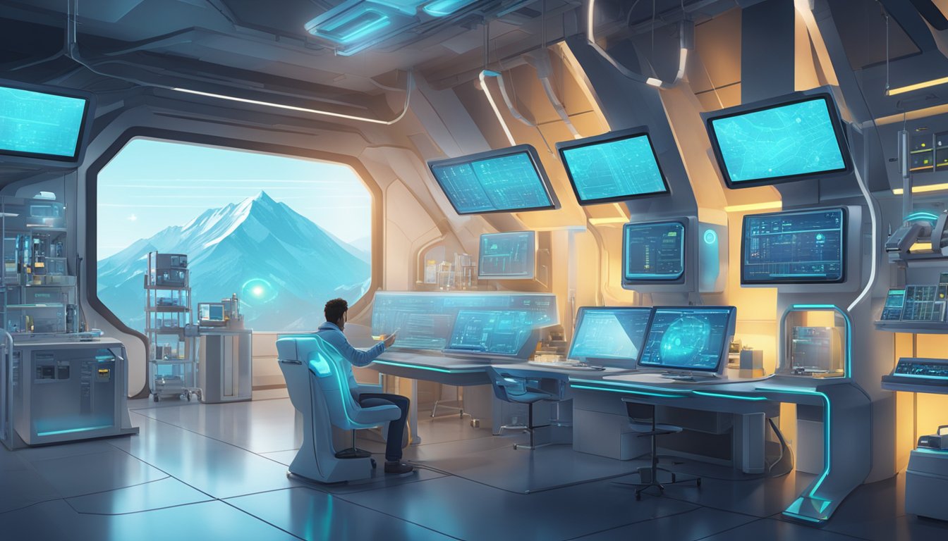 A futuristic laboratory with glowing screens and advanced equipment, showcasing research on Mounjaro's safety and potential new uses