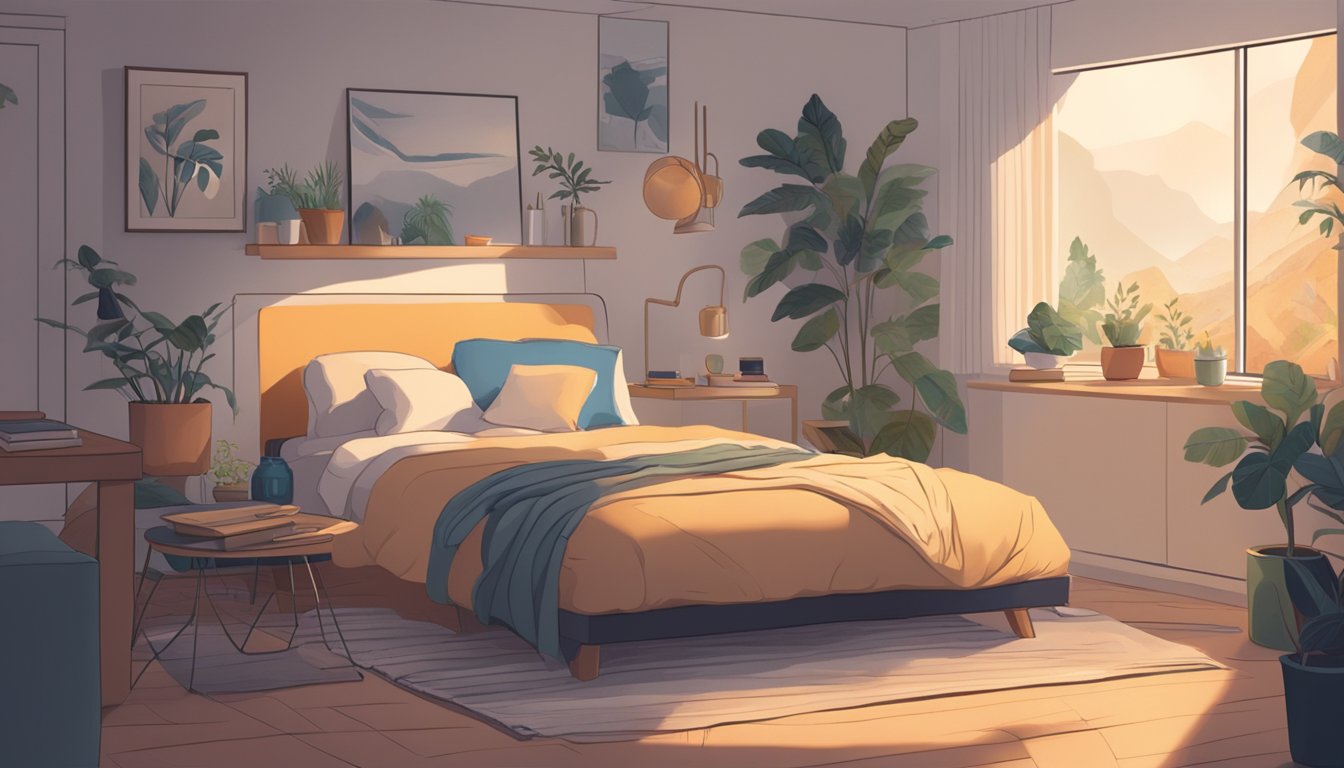 A person resting in a peaceful, clutter-free room with soft lighting and calming decor