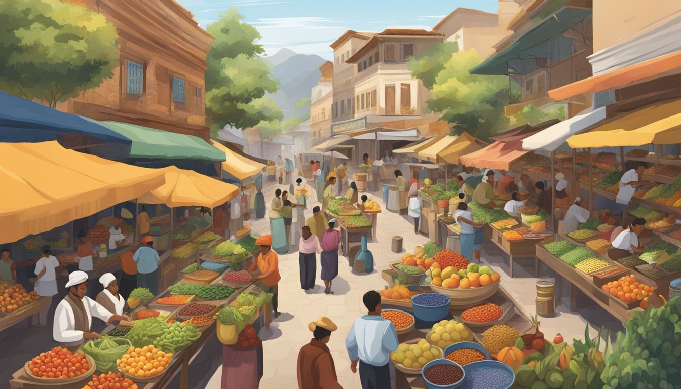 A bustling Mounjaro marketplace, filled with colorful fruits, vegetables, and exotic spices. Local chefs prepare nutrient-dense dishes while diners socialize at outdoor cafes