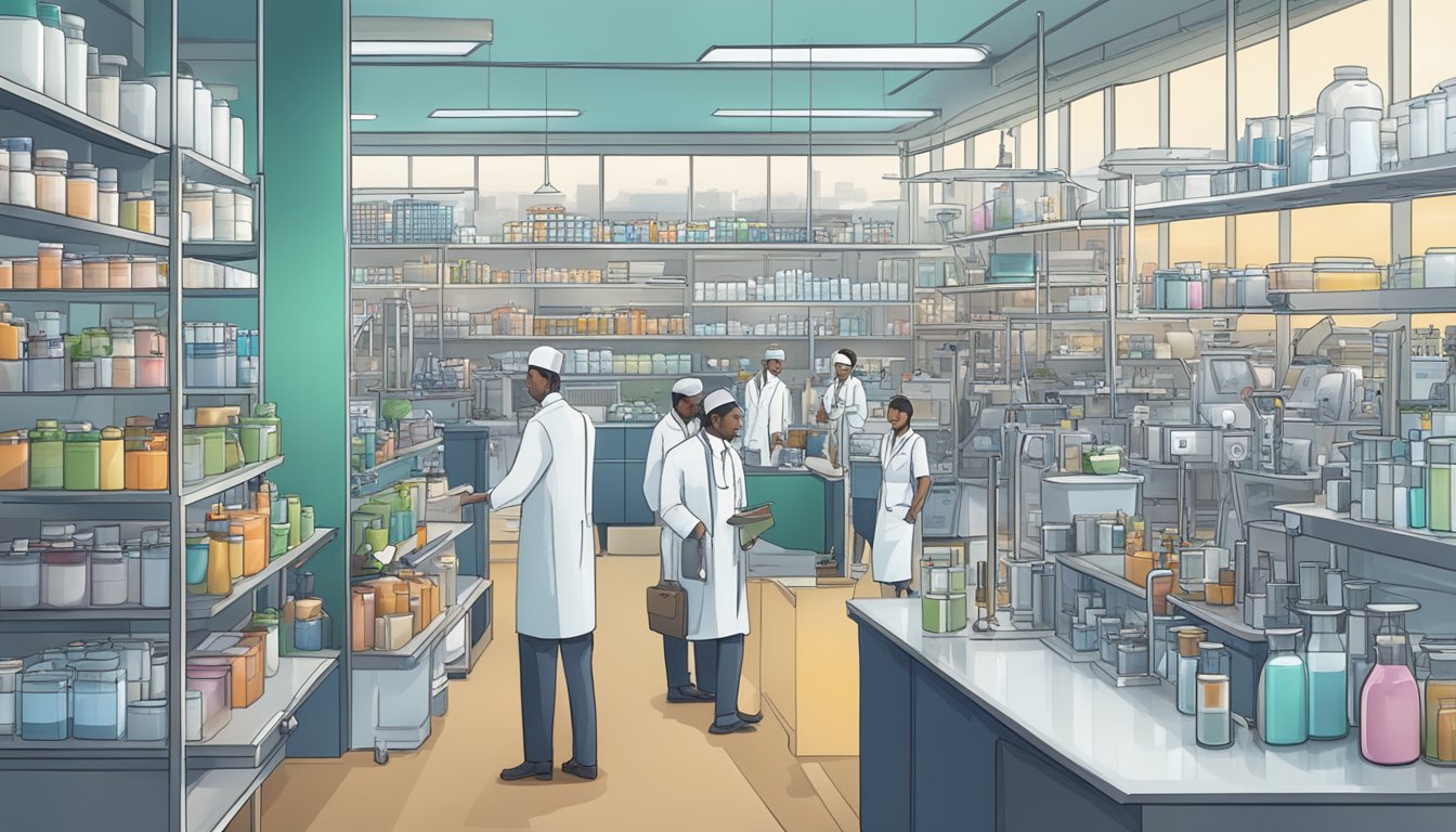 A bustling pharmaceutical market with Mounjaro at the forefront, surrounded by research labs and potential new uses emerging on the horizon