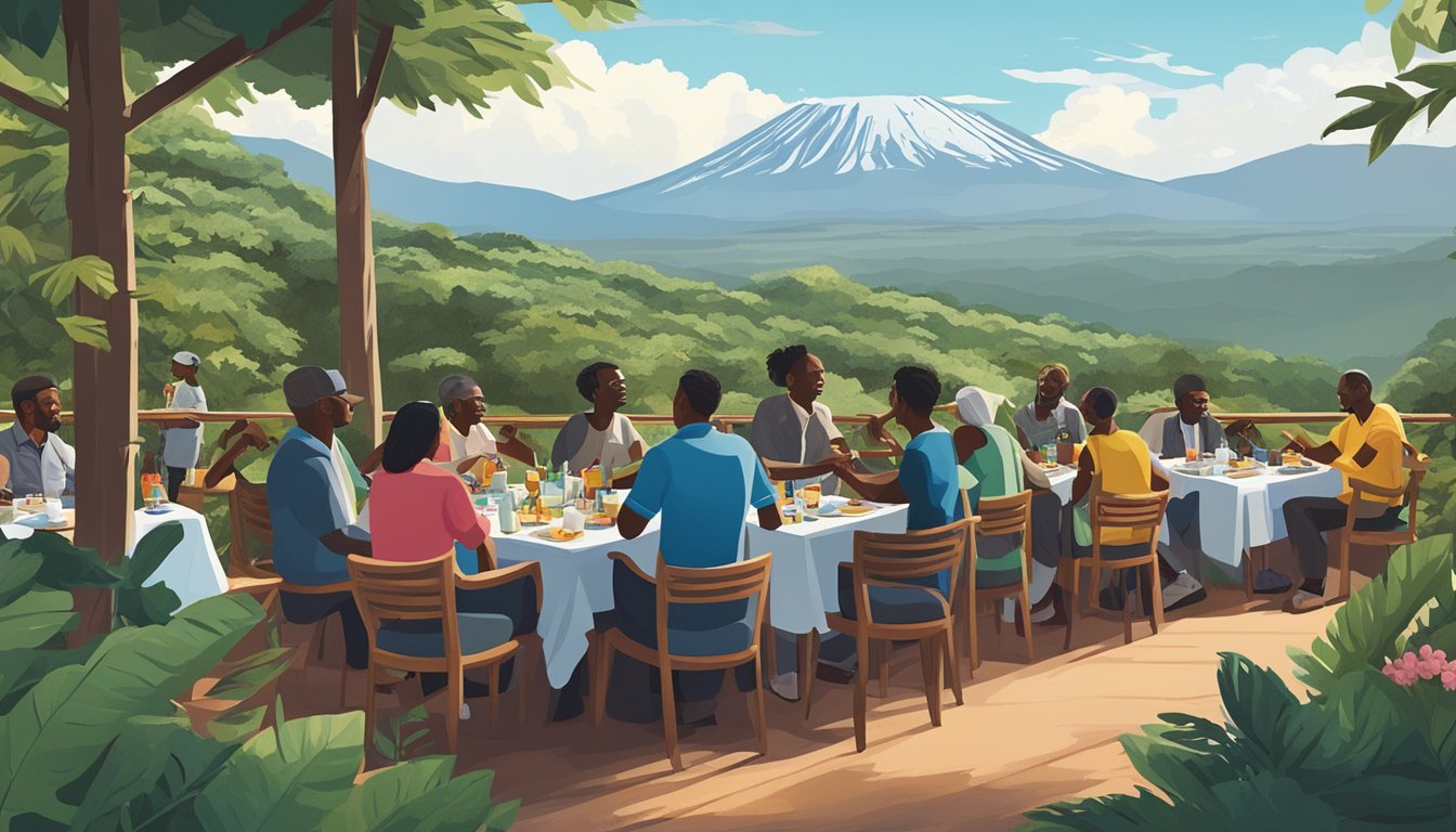 A group of people socializing and dining at an outdoor restaurant on Mount Kilimanjaro, surrounded by lush greenery and towering mountains in the background