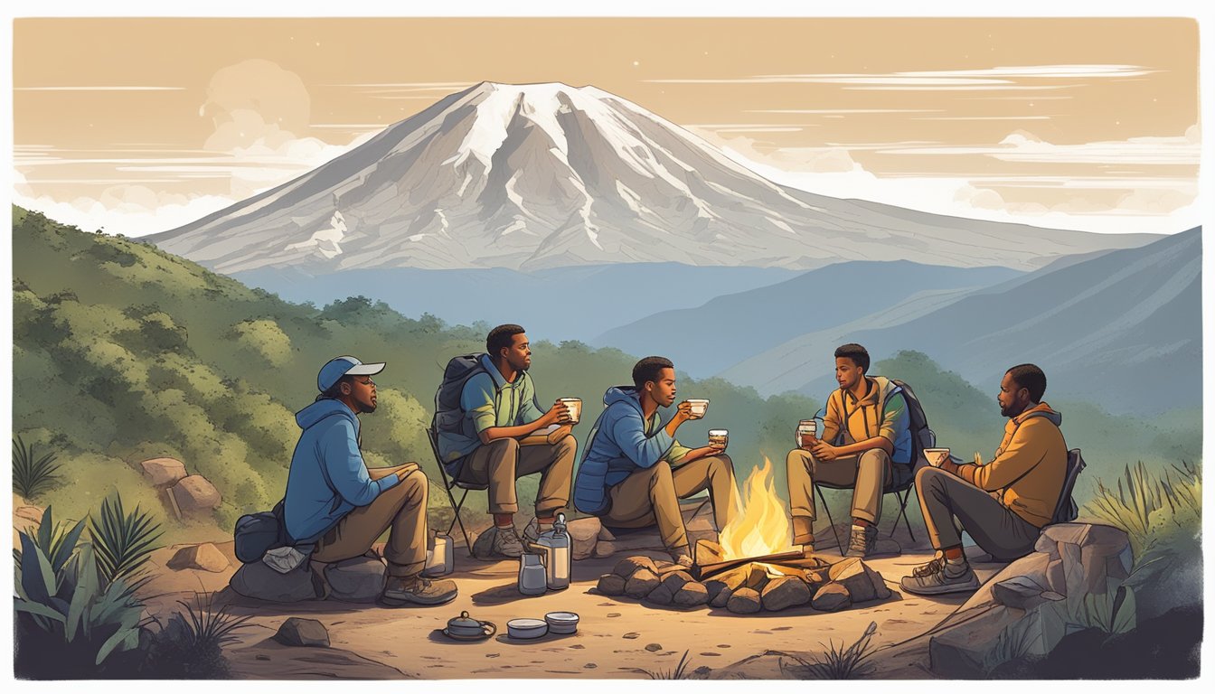 A group of hikers socialize around a campfire, dining on a variety of foods while overlooking the majestic Mount Kilimanjaro. Health monitors and outcome charts are displayed nearby